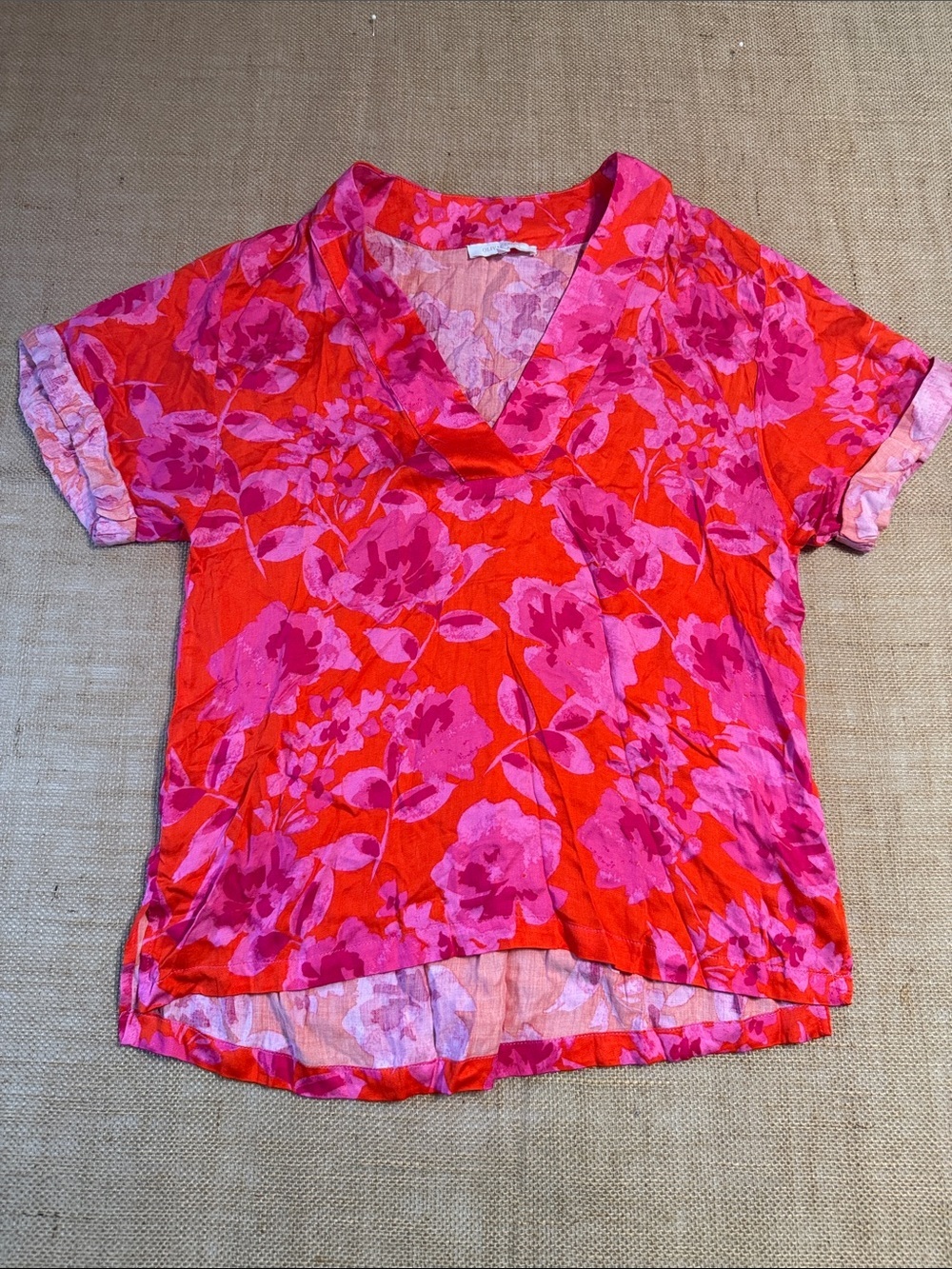 Olivaceous Pink & Red Floral V-Neck Blouse